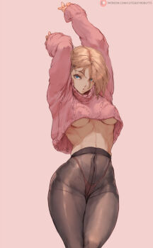 1girl animification arms_up blue_eyes breasts covered_erect_nipples cropped_sweater cutesexyrobutts eyebrow_piercing face_piercing gwen_stacy highres light_brown_hair looking_at_viewer marvel medium_breasts narrow_waist panties panties_under_pantyhose pantyhose parted_lips piercing pink_background pink_panties solo spider-gwen spider-man:_into_the_spider-verse spider-man_(series) spider-verse sweater thighs underboob underwear