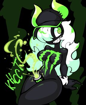 1girl @_@ absurdres between_thighs black_background black_hat black_skin breasts can colored_skin convenient_censoring green_eyes green_horns green_nails hat highres horns jek_korpen large_breasts liquid long_hair monster_energy monster_energy-chan navel one_eye_covered open_mouth product_girl sharp_teeth smile teeth thighs white_hair