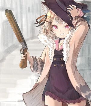 Rule 34 | 1girl, animal ear fluff, animal ears, arm up, black dress, black flower, black hat, black rose, brown hair, brown jacket, clenched teeth, commentary, double-barreled shotgun, dress, flower, fur-trimmed jacket, fur trim, gun, hair ornament, hairclip, hand on headwear, hat, hat flower, highres, hikari niji, holding, holding gun, holding weapon, jacket, komachi panko, komachi panko (pankfather), open clothes, open jacket, phase connect, pink eyes, pink flower, pink rose, pink sailor collar, rose, sailor collar, sailor dress, short eyebrows, shotgun, solo, striped clothes, striped dress, striped headwear, tail, teeth, thick eyebrows, tilted headwear, trigger discipline, v-shaped eyebrows, vertical-striped clothes, vertical-striped dress, vertical-striped headwear, virtual youtuber, weapon, weapon request
