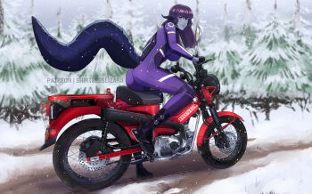 1girl au_ra bodysuit breasts commentary english_commentary final_fantasy final_fantasy_xiv heterochromia highres honda honda_super_cub kickstarter large_breasts motor_vehicle motorcycle on_motorcycle purple_bodysuit ruri_moth_(vtuber) shirtlesslizard snow snowing thick_tail warrior_of_light_(ff14)