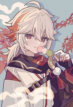 1boy black_gloves blush commentary crossed_bangs dango eating fingerless_gloves food genshin_impact gloves hair_between_eyes holding holding_food japanese_clothes kaedehara_kazuha leaf looking_at_viewer male_focus moo_n_moko multicolored_hair ponytail red_eyes red_hair sanshoku_dango simple_background solo streaked_hair tassel upper_body wagashi white_hair