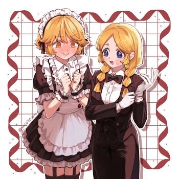 1boy 1girl adjusting_clothes adjusting_gloves alternate_costume anne_lester apron black_bow black_bowtie black_pants black_ribbon black_suit black_thighhighs blonde_hair blue_eyes blush bow bowtie braid coattails collared_shirt commentary_request cowboy_shot crossdressing crossdressing_(ftm) crossdressing_(mtf) dress embarrassed enmaided formal_clothes frilled_apron frilled_dress frilled_headwear frilled_wrist_cuffs frills gloves hand_up hands_up identity_v jacket maid maid_headdress middle_part moio3oiom nervous_smile nervous_sweating pants parted_hair puffy_short_sleeves puffy_sleeves ribbon shirt short_sleeves smile stitched_mouth stitches suit suit_jacket sweat tailcoat thighhighs twin_braids victor_grantz waist_apron white_apron white_gloves white_shirt wispy_bangs wrist_cuffs yellow_eyes