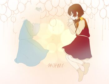 2girls absurdres black_dress black_hair blue_bow blue_dress bow chinese_commentary closed_mouth commentary_request crying crying_with_eyes_open dress facing_another from_side full_body hair_bow hair_over_shoulder highres invisible iyowa_girls jiyuuu_(liye8049) long_hair long_sleeves looking_at_another low_twintails multiple_girls no_shoes own_hands_clasped own_hands_together pajamy_(character)_(iyowa) pajamy_(vocaloid) pinafore_dress profile red_eyes riko_(iyowa) sad_smile shirt sleeveless sleeveless_dress socks song_name tears twintails white_background white_shirt yellow_bow