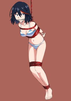 1girl absurdres arms_behind_back bdsm belly bondage bound bound_ankles bound_arms bound_legs box_tie cloth_gag collarbone female_focus full_body gag gagged hanging highres improvised_gag kill_la_kill matoi_ryuuko midriff navel over_the_nose_gag peril restrained shibari solo suspension tied_up_(nonsexual) underwear underwear_only vakaosciosa variant_set