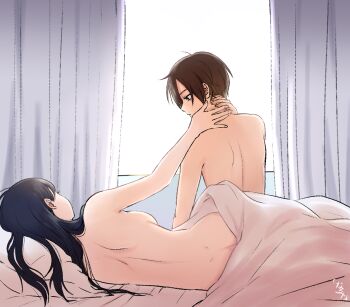 1boy 1girl ass ass_peek back bed_sheet black_hair blanket boku_no_kokoro_no_yabai_yatsu breasts butt_crack curtains from_behind hand_on_another&#039;s_neck hand_up hetero ichikawa_kyoutarou indoors long_hair looking_at_another lying narumi_(62rimi) nude on_side pillow profile short_hair shoulder_blades sideboob signature under_covers window yamada_anna