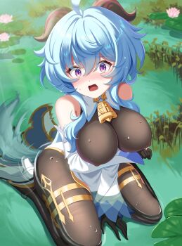 1girl absurdres arm_under_breasts bare_shoulders bell black_gloves blue_hair blush bodystocking breasts cleavage commentary_request covered_erect_nipples cowbell detached_sleeves fuyunash1 ganyu_(genshin_impact) genshin_impact gloves goat_horns hair_between_eyes high_heels highres horns large_breasts long_hair long_sleeves looking_at_viewer neck_bell open_mouth purple_eyes shoes solo very_long_hair wet white_shoes white_sleeves