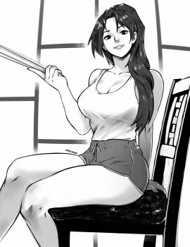 Rule 34 | 1girl, breasts, chair, cleavage, commentary, dolphin shorts, english commentary, fatal fury, folding fan, grey hair, hand fan, highres, holding, holding fan, large breasts, long hair, miss faves, parted lips, photo-referenced, ponytail, shiranui mai, short shorts, shorts, sitting, smile, solo, street fighter, street fighter 6, tank top