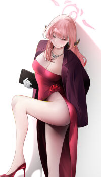 1girl absurdres aru_(blue_archive) aru_(dress)_(blue_archive) blue_archive breasts dress feet_out_of_frame flower glass_sun_98 halo highres jacket medium_breasts no_panties pink_hair pink_halo red_dress red_jacket red_shoes shoes white_background
