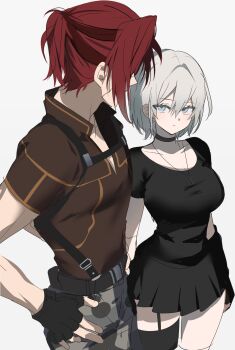 1boy 1girl belt black_belt black_choker black_gloves black_shirt black_skirt blue_eyes breasts brown_shirt camouflage camouflage_pants chest_harness choker chu_yeon code_vein fingerless_gloves garter_straps gloves grey_pants harness highres jewelry key key_necklace large_breasts looking_at_another necklace pants ponytail protagonist_(code_vein) red_hair shirt short_hair simple_background single_garter_strap single_thighhigh sketch skirt thighhighs white_background white_hair yakumo_(code_vein)