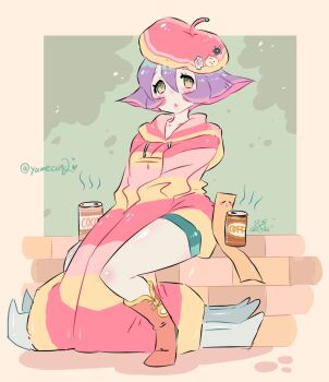 2022 2girls alternate_costume apple arms_between_legs artist_name bare_legs beret blue_shorts blue_skin blush_stickers boots breasts can capcom claw_(weapon) coffee collarbone colored_skin commentary darkstalkers female_focus flipped_hair food fruit ghost gradient_clothes gradient_eyes hair_between_eyes hat highres hood hood_down hoodie hsien-ko jiangshi looking_at_viewer medium_breasts mei-ling_(darkstalkers) multicolored_eyes multiple_girls ofuda pastel_colors purple_hair red_boots red_hoodie shorts sitting thighs weapon wide_sleeves y.o_(chuchu)