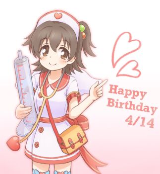1girl akagi_miria angel_wings birthday black_hair blue_bow blush bow bow_legwear brown_eyes child closed_mouth collared_dress commentary_request dated dress english_text fake_wings finger_gun fingernails gradient_background hair_between_eyes hand_up happy_birthday hat heart highres holding holding_syringe idol idolmaster idolmaster_cinderella_girls large_syringe medium_hair nurse nurse_cap official_alternate_costume oversized_object pink_background red_ribbon ribbon samenagi short_sleeves sidelocks smile solo split_mouth standing stethoscope straight_hair syringe thighhighs twintails waist_ribbon white_dress white_hat wings