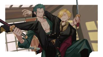 Rule 34 | 2boys, absurdres, bare pectorals, belt, black jacket, blonde hair, border, brown belt, cigarette, commentary, curly eyebrows, dual wielding, facial hair, goatee, green kimono, grimace, highres, holding, jacket, japanese clothes, jennyandloiryan, kimono, long sleeves, male focus, multiple boys, one piece, pectorals, roronoa zoro, sanji (one piece), scar, scar across eye, scar on face, shirt, short hair, stitched face, stitches, sword, tripping, weapon, white border, yaoi, yellow shirt