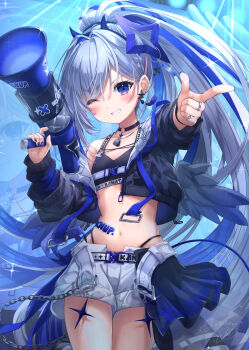 1girl ;d absurdres amane_kanata amane_kanata_(lock_on) angel_wings asymmetrical_bangs black_sports_bra blue_hair blue_nails bra braid colored_inner_hair commentary_request dog_tags earrings feathered_wings finger_gun flat_chest floating_hair grey_hair grin hair_over_one_eye halo high_ponytail highres holding holding_megaphone hololive jewelry long_bangs long_hair megaphone mini_wings multicolored_hair multiple_rings navel official_alternate_costume official_alternate_hairstyle one_eye_closed open_mouth overskirt panty_straps pink_streaks pointing pointing_at_viewer ponytail purple_eyes ring shorts side_braid smile solo sports_bra star_halo sticker sticker_on_stomach streaked_hair tassel tassel_earrings tilted_halo underwear very_long_hair virtual_youtuber white_shorts wings yukikawa_sara