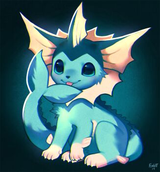 :3 animal_focus blue_eyes claws commentary english_commentary film_grain fins fish_tail foxlett gen_1_pokemon head_fins looking_at_viewer nintendo no_humans painterly pokemon pokemon_(creature) pokemon_focus signature simple_background sitting solo tail tongue tongue_out vaporeon