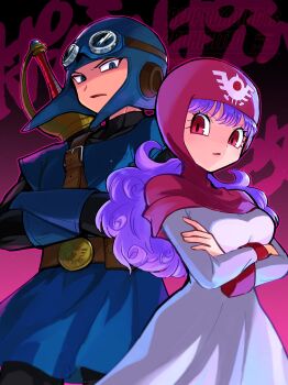 Rule 34 | 1boy, 1girl, absurdres, belt, black bodysuit, blue eyes, blue gloves, blue hat, blue tunic, bodysuit, breasts, closed mouth, commentary request, cousins, cowboy shot, crossed arms, curly hair, dragon quest, dragon quest ii, gloves, goggles, goggles on headwear, hat, highres, long hair, long sleeves, looking at viewer, medium breasts, pink hood, prince of lorasia, princess of moonbrook, purple hair, red eyes, robe, roto's emblem, sawarabi (sawarabi725), serious, sword, sword on back, tunic, weapon, weapon on back, white robe