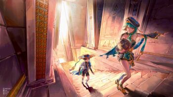 1boy 1girl aqua_gemstone armor arms_at_sides beret black_bodysuit black_bow black_bridal_gauntlets black_hair black_hat black_sandals black_shirt black_shorts black_shrug black_sleeves blonde_hair blue_cape blue_hat blue_kimono blue_sleeves blunt_ends bodysuit bow bridal_gauntlets brown_eyes cape closed_mouth colored_inner_hair covered_collarbone facebook_logo facebook_username feathers gem genshin_impact gold gold_shoes gold_trim green_cape green_hair grey_eyes hakama hakama_shorts hand_up hat high_heels highres index_finger_raised instagram_logo instagram_username japanese_armor japanese_clothes jewelry jingasa juban kimono kote kurokote layered_sleeves leg_warmers lic_617 looking_at_another looking_back mid-stride multicolored_hair open_clothes open_hands open_kimono original parted_lips pleated_shorts pointing pointing_to_the_side pom_pom_(clothes) puffy_sleeves purple_rope purple_sash rope ruins sandals sash scaramouche_(genshin_impact) shadow shirt shoes short_hair short_sleeves shorts shrug_(clothing) single_sidelock single_thighhigh smile stairs tassel thighhighs thighlet toeless_legwear tsurime twitter_username twitter_x_logo wanderer_(genshin_impact) watermark white_kimono white_leg_warmers white_mouth white_sleeves white_thighhighs yellow_feathers