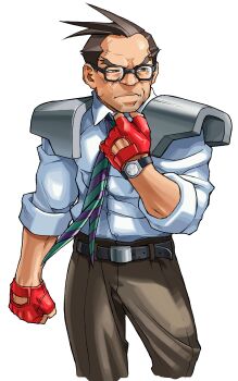 Rule 34 | 1boy, absurdres, adjusting collar, armor, balding, belt, brown hair, clenched hand, collared shirt, edaki shin'ya, fingerless gloves, game cg, glasses, gloves, highres, justice gakuen, looking to the side, male focus, moero! justice gakuen, necktie, non-web source, official art, pants, red gloves, shimazu hideo, shirt, shoulder armor, simple background, sleeves rolled up, solo, striped necktie, teacher, watch, white background, wristwatch