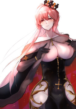 1girl absurdres azur_lane bare_shoulders black_cape black_dress black_gloves bracelet breasts brown_hair cape cleavage clemenceau_(azur_lane) clothing_cutout collarbone commentary_request cross crown dress elbow_gloves fur-trimmed_cape fur_trim gear0710 gloves groin hair_between_eyes highres hip_vent jewelry large_breasts long_hair looking_at_viewer nipple_slip nipples parted_lips partial_commentary red_dress red_eyes sidelocks simple_background solo standing stomach tight_clothes tight_dress tilted_headwear two-sided_cape two-sided_fabric two-tone_cape white_background