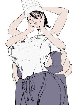 1girl absurdres apron arthropod_limbs black_apron black_hair blood blood_drip blood_from_mouth bloody_tears breasts chainsaw_man chef chef_hat closed_eyes comic_hand disembodied_head elbow_gloves extra_arms falling_devil_(chainsaw_man) flat_top_chef_hat gloves hat highres holding_detached_head long_arms nosebleed severed_head short_hair solo waist_apron