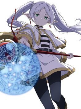 Rule 34 | 1girl, black pantyhose, boots, brown boots, capelet, closed mouth, earrings, elf, feet out of frame, frieren, green eyes, grey hair, highres, holding, holding staff, jewelry, long hair, long sleeves, looking at viewer, mage staff, magic circle, niyane, pantyhose, parted bangs, pointy ears, shirt, simple background, skirt, solo, sousou no frieren, staff, standing, striped clothes, striped shirt, teardrop earrings, thick eyebrows, twintails, white background, white capelet, white skirt