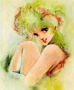 Rule 34 | 1990s (style), 1girl, bare shoulders, commentary, dress, english commentary, green hair, grin, hand in own hair, highres, magazine scan, megazone 23, mikimoto haruhiko, painting (medium), promotional art, red lips, retro artstyle, scan, signature, sitting, smile, tokimatsuri eve, traditional media