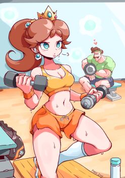 1boy 1girl blue_eyes breasts brown_hair cleavage crown dumbbell earphones earrings exercising facial_hair fitting_room flower_earrings green_shirt heart holding ioh jewelry legs looking_at_another looking_away luigi mario_(series) medium_breasts midriff muscular mustache navel nintendo ponytail princess_daisy shirt shorts spoken_heart super_mario_bros._1 super_mario_land sweat thighs