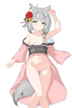 1girl absurdres animal_ears animal_hair_ornament arm_out_of_sleeve braid commentary english_commentary fang fang_out female_pubic_hair flower green_eyes grey_hair grey_pubic_hair hair_flower hair_ornament hair_over_shoulder highres japanese_clothes kamizuki_naki kimono knees_together_feet_apart loli long_sleeves looking_at_viewer lying medium_hair multicolored_hair navel nipples notched_ear obi off_shoulder on_back open_clothes open_kimono pink_kimono prism_project pubic_hair pussy sash short_hair simple_background single_braid smile sparse_pubic_hair tail thigh_gap two-tone_hair uncensored uts virtual_youtuber white_background wolf_ears wolf_girl wolf_tail