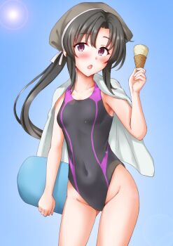 Rule 34 | 1girl, anti (untea9), apron, bandana, black hair, black swimsuit, blush, breasts, collared shirt, commentary request, day, gluteal fold, hat, holding, ice cream cone, kantai collection, kickboard, long hair, nankai (kancolle), open mouth, outdoors, purple eyes, red eyes, shirt, small breasts, smile, solo, sunlight