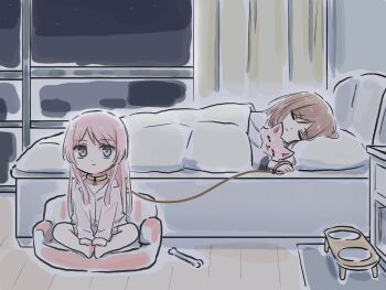 2girls bang_dream! bang_dream!_it's_mygo!!!!! bone bowl brown_hair chihaya_anon closed_eyes closed_mouth collar commentary curtains grey_eyes holding holding_leash indoors leash long_hair lyy multiple_girls nagasaki_soyo pajamas pet_bed pet_bowl pink_hair pink_shirt shirt sitting sleeping symbol-only_commentary yuri