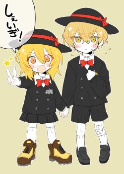 Rule 34 | 1boy, 1girl, aged down, black skirt, blonde hair, blush, bow, bowtie, brown shoes, commentary, don quixote (project moon), hat, highres, keityan 312, kindergarten uniform, limbus company, limbus kindergarten uniform, official alternate costume, panties, pleated skirt, project moon, red bow, school hat, shoes, simple background, sinclair (project moon), skirt, socks, solo, traditional bowtie, underwear, v, white panties, white socks, yellow eyes