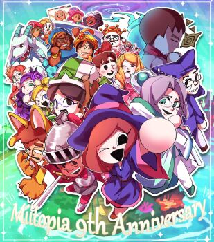 6+boys 6+girls ;d animal_ears animal_hands anniversary arm_up armor black_eyes black_hair blonde_hair blue_dress blue_robe blue_skin brown_eyes brown_hair cape castle cat_boy clenched_hand closed_eyes colored_skin copyright_name crown dark-skinned_male dark_skin dragon dress drill_hair facial_hair fairy fangs fire flower furry genie glasses gloves green_eyes grey_hair grin happy_anniversary hat helmet highres holding holding_sword holding_weapon jester_cap king knight long_hair looking_at_viewer maria_(miitopia) mii_(nintendo) miitopia multiple_boys multiple_girls mustache nintendo one_eye_closed open_mouth orange_hair outline pink_hair princess purple_dress purple_hair purple_robe purple_skin red_cape red_eyes red_hair rikka_natsu_27 robe round_eyewear sharp_teeth shield short_hair smile staff sword teeth tiara weapon white_outline white_robe witch witch_hat wizard wizard_hat