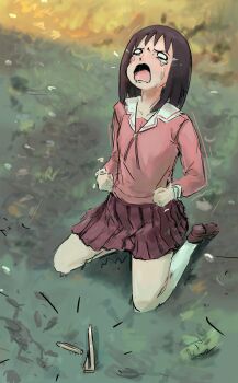 Rule 34 | 1girl, absurdres, azumanga daiou, black hair, chopsticks, crying, grass, highres, kasuga ayumu, kneeling, liamickpie, looking up, open mouth, outdoors, school uniform, solo, tears