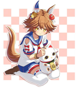 +_+ 1girl animal_ears bead_bracelet beads blue_sailor_collar blue_skirt blush bracelet breasts closed_mouth clover_hair_ornament collarbone commentary_request creape daruma_doll daruma_doll_hair_ornament ear_covers flipped_hair four-leaf_clover_hair_ornament hair_between_eyes hair_ornament highres holding horse_ears horse_girl horse_tail jewelry looking_at_viewer maneki-neko matikanefukukitaru_(rising_fortune)_(umamusume) matikanefukukitaru_(umamusume) neckerchief orange_hair red_neckerchief sailor_collar school_uniform serafuku shirt short_hair short_sleeves single_ear_cover sitting skirt smile solo star-shaped_pupils star_(symbol) symbol-shaped_pupils tail thighhighs umamusume wariza white_shirt zettai_ryouiki