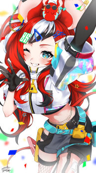1girl absurdres animal_ears aqua_belt belly_chain belt black_hair black_shirt black_shorts blue_eyes clothing_cutout commentary_request confetti cropped_jacket cropped_shirt fingerless_gloves fishnets gloves grin hair_ornament hairclip hakos_baelz hakos_baelz_(casual) highres hip_vent hololive hololive_english jacket jewelry kakizuki5 long_hair looking_at_viewer midriff mouse_ears mouse_girl mouse_on_head mouse_tail mr._squeaks_(hakos_baelz) multicolored_hair official_alternate_costume official_alternate_hairstyle one_eye_closed open_mouth red_hair sharp_teeth shirt shorts signature single_thighhigh smile solo star_(symbol) star_hair_ornament streaked_hair tail teeth thighhighs virtual_youtuber white_hair white_jacket
