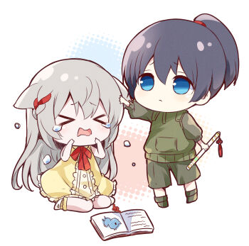 &gt;_&lt; 1boy 1girl animal_ears black_hair blue_eyes book braid cat_ears cat_girl chibi chibi_only closed_mouth commentary crying dress flute green_shirt green_shorts green_vest grey_hair headpat high_ponytail highres holding holding_flute holding_instrument instrument long_hair mio_(xenoblade) neck_ribbon noah_(xenoblade) official_alternate_hair_length official_alternate_hairstyle open_book open_mouth ponytail red_ribbon ribbon shirt shorts sitting standing symbol-only_commentary tears ui_frara vest wariza white_background xenoblade_chronicles_(series) xenoblade_chronicles_3 yellow_dress