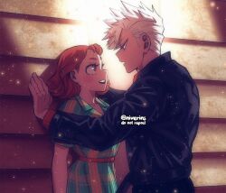 1boy 1girl bakugou_katsuki blonde_hair boku_no_hero_academia brown_eyes brown_hair dimples domination height_difference hetero jacket leather leather_jacket looking_at_another medium_hair niverins red_eyes spiked_hair uraraka_ochako