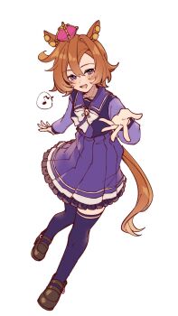 Rule 34 | 1girl, amano (amano miko), animal ears, blush, bow, bowtie, breasts, commentary request, crown, ear ornament, hair between eyes, highres, horse ears, horse girl, horse tail, long sleeves, looking at viewer, mini crown, musical note, orange hair, orange tail, pink crown, pleated skirt, purple eyes, purple sailor collar, purple serafuku, purple shirt, purple skirt, purple thighhighs, reaching, reaching towards viewer, sailor collar, sailor shirt, school uniform, serafuku, shirt, shoes, short hair, simple background, skirt, smile, solo, speech bubble, spoken musical note, t.m. opera o (umamusume), tail, thighhighs, tracen school uniform, umamusume, white background, white bow, white bowtie