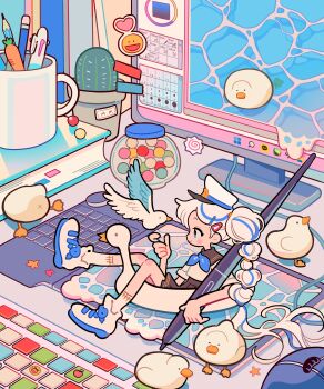 Rule 34 | abstract, absurdres, bird, blue footwear, blue hair, blue neckerchief, book, cactus, candy jar, colored shoe soles, cup, dolman (dm), drawing tablet, duck, hair spread out, hat, highres, holding, holding stylus, huion, indoors, inflatable duck, jar, computer keyboard, knees together feet apart, knees up, long hair, mini person, minigirl, monitor, computer mouse, mug, multi-tied hair, multicolored hair, neckerchief, original, painttool sai, peaked cap, pen, pencil, shoelaces, sitting, socks, sticker, streaked hair, stylus, tube socks, two-tone footwear, water, white footwear, white hair, white hat, white socks