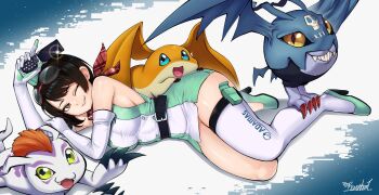 Rule 34 | 1girl, black hair, breasts, digimon, digimon (creature), digimon story: time stranger, dress, elbow gloves, gloves, goggles, goggles on head, gomamon, green dress, green hat, hat, highres, medium breasts, patamon, picodevimon, ravenhart, short hair, sleeveless, sleeveless dress, thighhighs, two-tone dress, white dress, white thighhighs, yuuki kanan