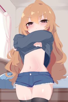 1girl aisaka_taiga black_thighhighs blush brown_hair clothes_lift denim denim_shorts female_focus highres kukuchi581 loli long_hair looking_at_viewer navel shorts solo standing stomach sweater sweater_lift thighhighs thighs toradora! undressing
