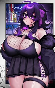 Rule 34 | 1girl, absurdres, belt, black choker, black dress, bow, breasts, chest belt, choker, coat, cowboy shot, crawling dreams, dress, fishnets, fur-trimmed coat, fur trim, hair bow, highres, large breasts, long hair, looking at viewer, merryweather, messy hair, nyarla (osiimi), osiimi, purple bow, purple eyes, purple hair, see-through cleavage, see-through clothes, side slit, sideboob, sidelocks, thick thighs, thigh strap, thighs