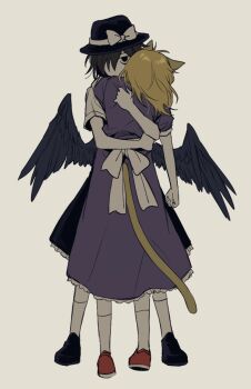 Rule 34 | animal ears, back bow, bird wings, black hat, black shoes, black skirt, blonde hair, bow, brown hair, cat ears, cat tail, clenched hand, commentary, dress, frilled dress, frilled skirt, frills, grey background, hat, hat bow, hug, kemonomimi mode, maribel hearn, maribel hearn (cat), no headwear, purple dress, re ghotion, red shoes, sash, shirt, shoes, short sleeves, simple background, skirt, socks, tail, touhou, usami renko, usami renko (bird), white bow, white sash, white shirt, white socks, wings