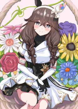Rule 34 | 1girl, absurdres, animal ears, becherry, blush, braid, breasts, brown hair, commentary request, curren bouquetd'or (umamusume), elbow gloves, flower, gloves, grey eyes, hair between eyes, hair ornament, highres, horse ears, long hair, looking at viewer, low twin braids, sitting, small breasts, smile, solo, twin braids, umamusume, white background