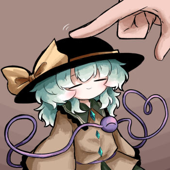 1girl black_hat blush bow brown_background buttons closed_eyes closed_mouth collared_shirt diamond_button eyeball frilled_shirt_collar frills green_hair hat hat_bow heart heart_of_string heripantomorrow komeiji_koishi long_sleeves medium_hair mini_person minigirl shirt simple_background smile solo_focus third_eye touhou yellow_bow yellow_shirt