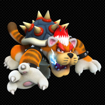 3d absurdres animal_ears armlet black_background blue_fire bowser bracelet cat_ears cat_tail fangs fire forked_eyebrows full_body highres jewelry male_focus mario_(series) meowser nintendo official_art orange_fur reaching reaching_towards_viewer red_eyes shell solo spiked_armlet spiked_bracelet spikes striped super_mario_3d_world tail thick_eyebrows whiskers