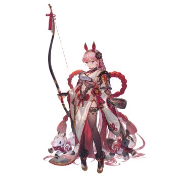 1girl archery_shooting_glove blue_eyes bow gloves granblue_fantasy hairband high_heels horse kurokko_(granblue_fantasy) lace long_hair looking_at_viewer minaba_hideo muneate navel official_art partially_fingerless_gloves pink_hair rope sandira_(granblue_fantasy) shimenawa shirokko_(granblue_fantasy) solo thighhighs very_long_hair yumi_(bow)