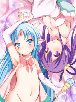 2girls bad_id bad_pixiv_id blue_eyes blue_hair breasts detached_sleeves elbow_gloves elf flat_chest forehead_jewel gloves groin holding_hands loli long_hair miotama multiple_girls navel nipples oda_kou out-of-frame_censoring pointy_ears purple_eyes purple_hair rance_(series) rance_quest reset_kalar scepter sengoku_rance