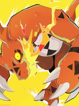 breath_weapon breathing_fire claws colored_skin digimon digimon_(creature) fire godbirdart guilmon highres no_humans open_mouth orange_eyes red_skin solo tail