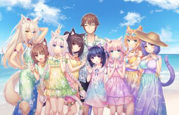 1boy 6+girls :3 :d alternate_hairstyle animal_ear_fluff animal_ear_hairband animal_ears arm_behind_head arm_strap armband azuki_(nekopara) beach bell blonde_hair blue_eyes blue_hair blue_nails blue_sky blush bow braid breasts brother_and_sister brown_eyes brown_hair bunny_ears_prank cat_ear_hairband cat_ears cat_girl cat_tail chocola_(nekopara) cinnamon_(nekopara) cleavage closed_mouth clothes_writing cloud coconut_(nekopara) crossed_arms day double_bun dress dress_bow english_text everyone eyewear_on_head fake_animal_ears fake_tail floral_print flower_print food-themed_hair_ornament food_print fraise_(nekopara) fruit_hair_ornament fruit_print game_cg green_eyes green_nails group_picture hair_bun hair_ornament hair_scrunchie hairband hand_on_own_hip harem hat height_difference heterochromia highres large_breasts lime_hair_ornament long_hair looking_at_viewer maple_(nekopara) medium_breasts medium_hair minazuki_kashou minazuki_shigure multicolored_dress multiple_girls nail_polish neck_bell nekopara non-web_source ocean official_art one_eye_closed open_mouth orange_eyes orange_hair orange_nails own_hands_together pineapple_hair_ornament pink_hair pink_nails ponytail print_dress purple_eyes purple_hair purple_nails red_nails sayori_(neko_works) scrunchie see-through_clothes see-through_dress siblings side_ponytail sisters sky slit_pupils small_breasts smile standing sun_hat sunglasses sunglasses_on_head swimsuit swimsuit_under_clothes tail tail_cuff tail_ornament tail_scrunchie thigh_strap twin_braids twins two_side_up v vanilla_(nekopara) watermelon_hair_ornament waving wavy_hair white_hair wink wrist_scrunchie yellow_eyes yellow_nails