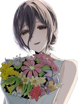 1girl black_hair bouquet chainsaw_man flower green_eyes hair_bun highres holding holding_bouquet looking_at_viewer pink_flower red_flower reze_(chainsaw_man) shirt simple_background sleeveless sleeveless_shirt solo u-e_iwww white_background white_shirt yellow_flower